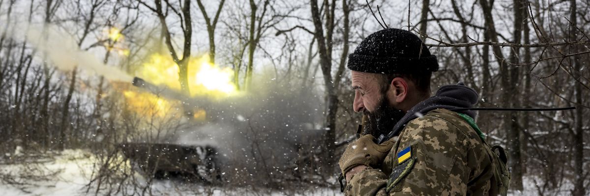 A Ukrainian Army self-propelled 122mm Howlitzer fires on a Russian position on February 18, 2023 near Bakhmut, Ukraine. 