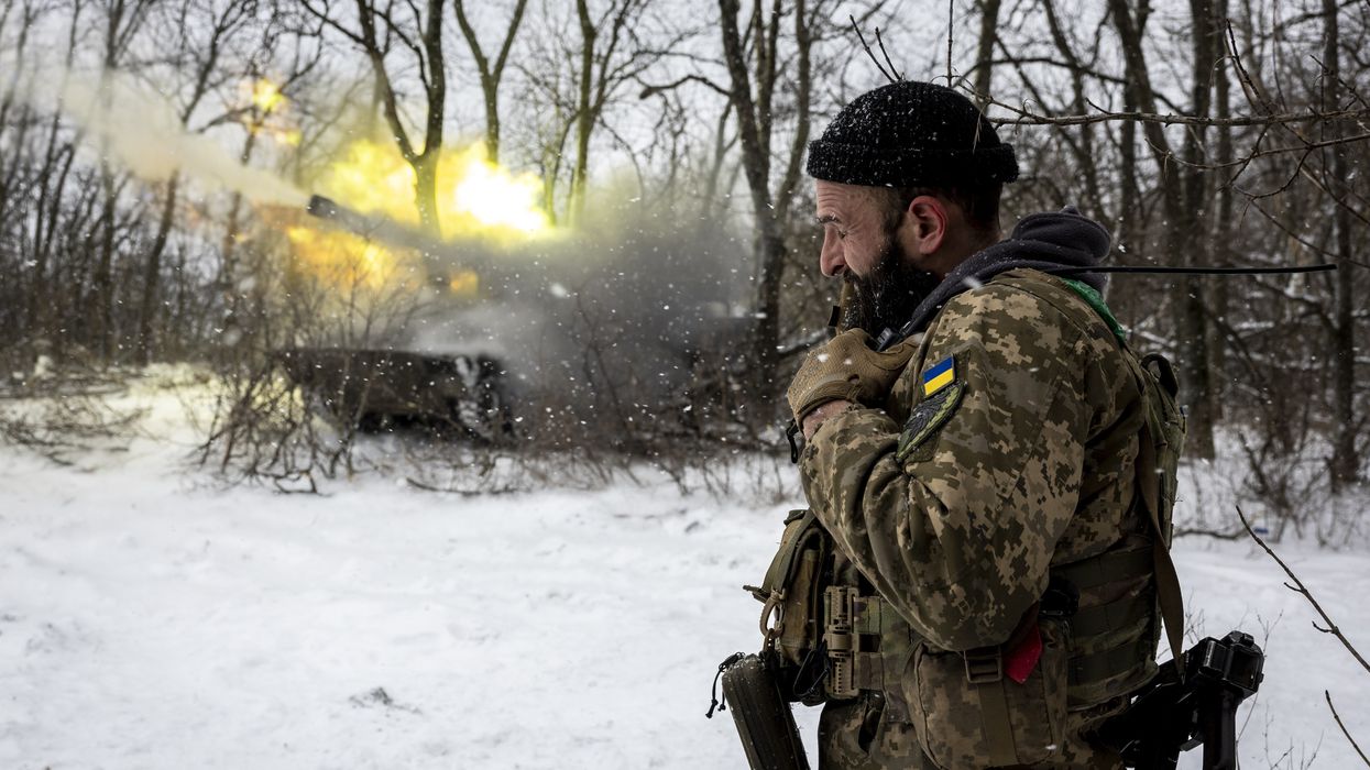 A Ukrainian Army self-propelled 122mm Howlitzer fires on a Russian position on February 18, 2023 near Bakhmut, Ukraine.