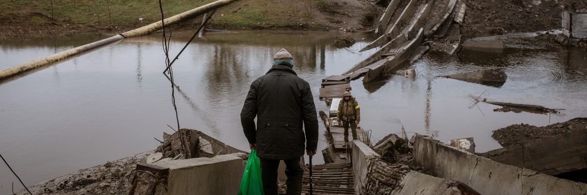 A Ukrainian civilian is pictured in Bakhmut