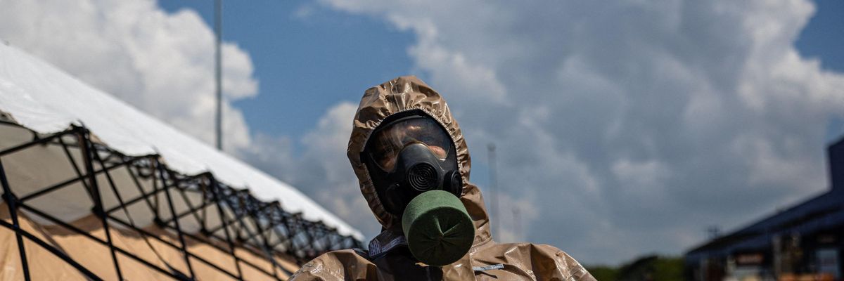 A Ukrainian emergency worker takes part in a nuclear drill