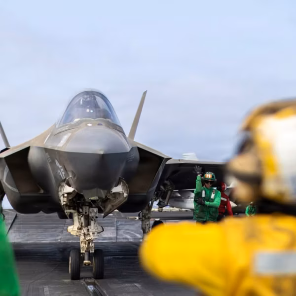 A US F-35 fighter is seen on a carrier deck