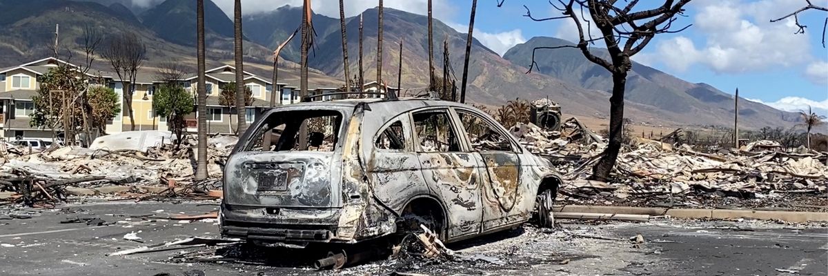 a vehicle destroyed in a wildfire in Lahaina