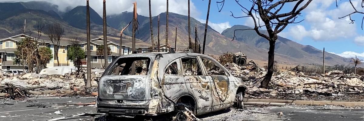 a vehicle destroyed in a wildfire in Lahaina