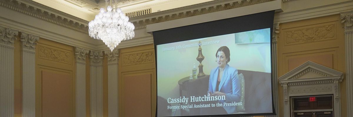 A video of Cassidy Hutchinson, who served as a special assistant to former President Donald Trump's chief of staff Mark Meadows, is shown on a screen during the House January 6 committee's fifth hearing on June 23, 2022 in Washington, D.C.