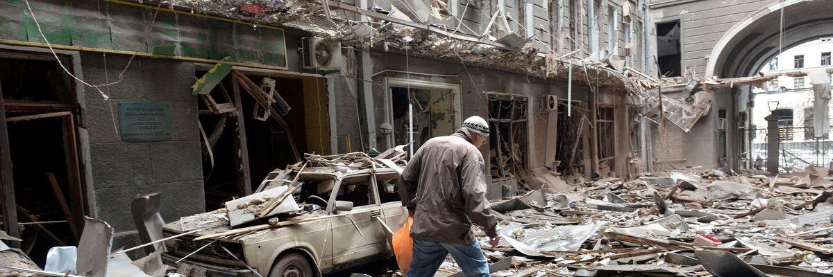 A view of damaged building following shelling in Ukraine's second-biggest city of Kharkiv on March 3, 2022.