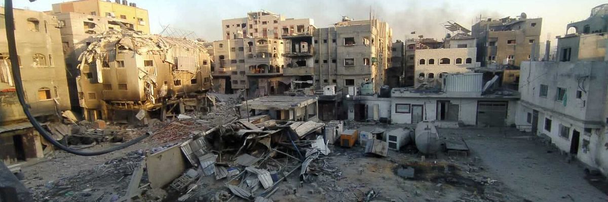 A view of destruction following the Israeli attack on the courtyard of Kamal Adwan Hospital