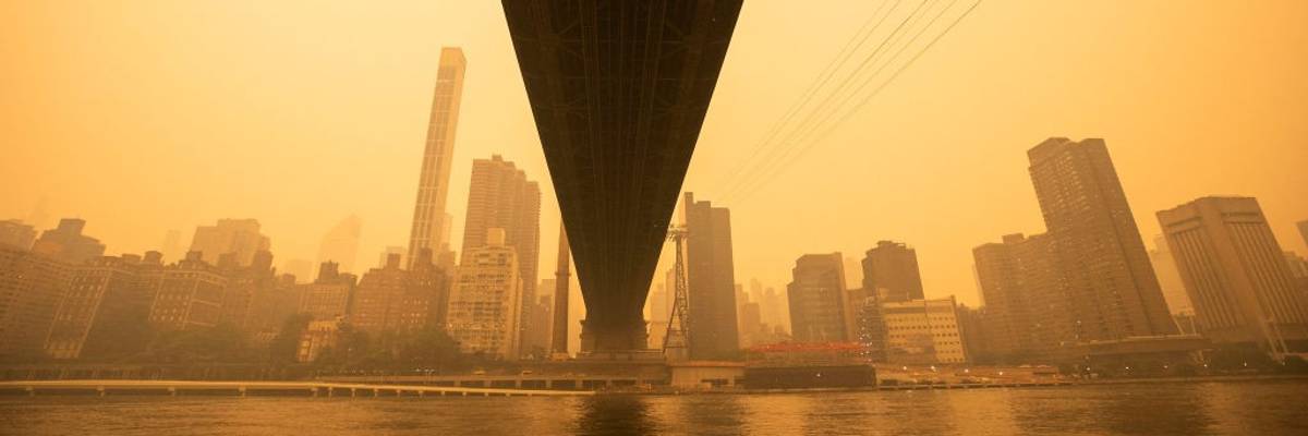 A view of New York City shrouded in wildfire smoke.