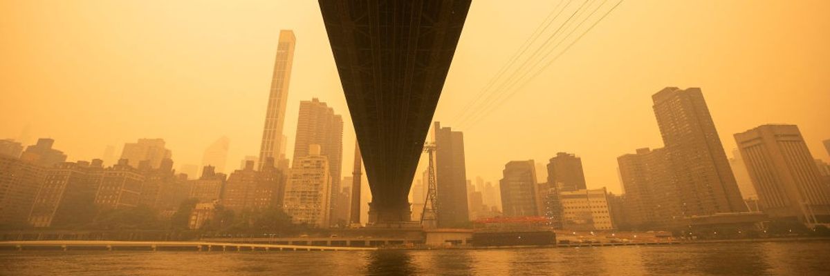 A view of New York City shrouded in wildfire smoke. 