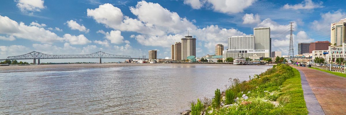 A view of the Mississippi River and New Orleans.