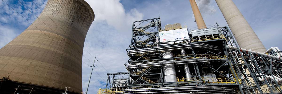 A West Virginia coal plant is seen alongside a carbon capture unit