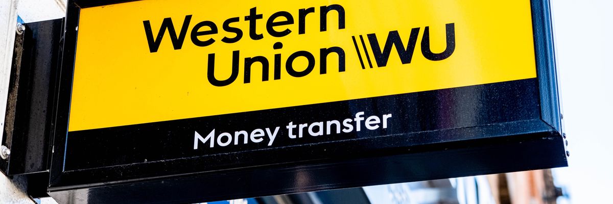 A Western Union sign is shown in London, United Kingdom on March 19, 2022.