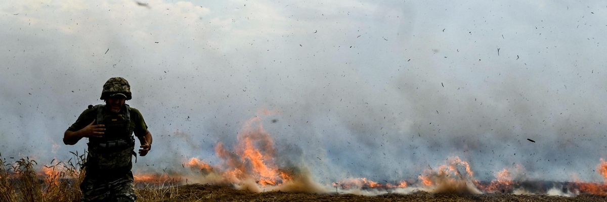A wheat field burns in Ukraine
