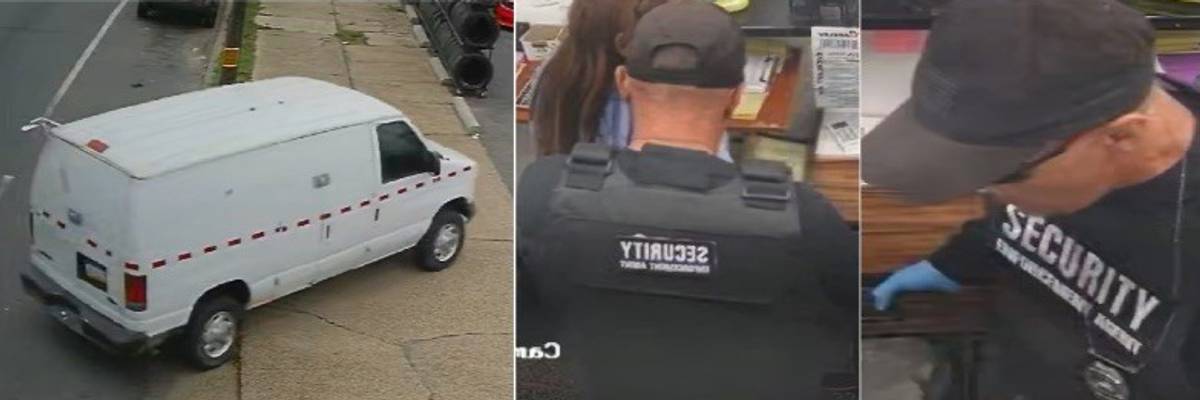 a white cargo van with red dashes and the suspect who impersonated ICE