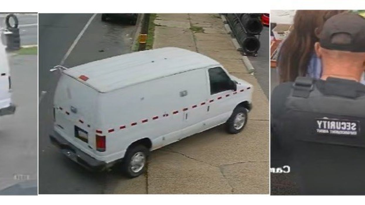 a white cargo van with red dashes and the suspect who impersonated ICE