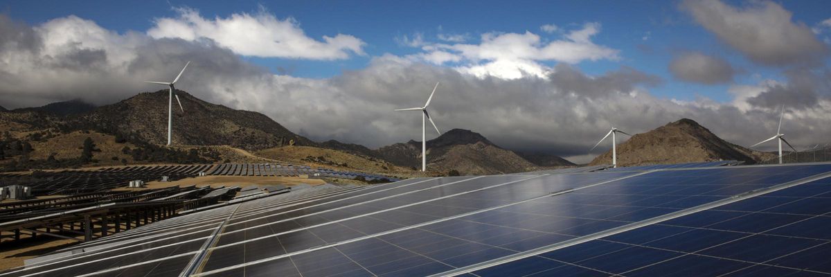 A wind farm and solar power plant is pictured in Kern County, California.