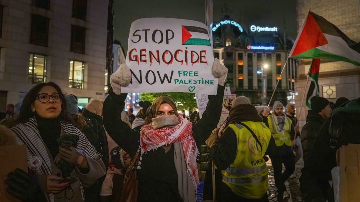 A woman holds a sign saying "Stop Genocide Now, Free Palestine" at an Oslo protest.