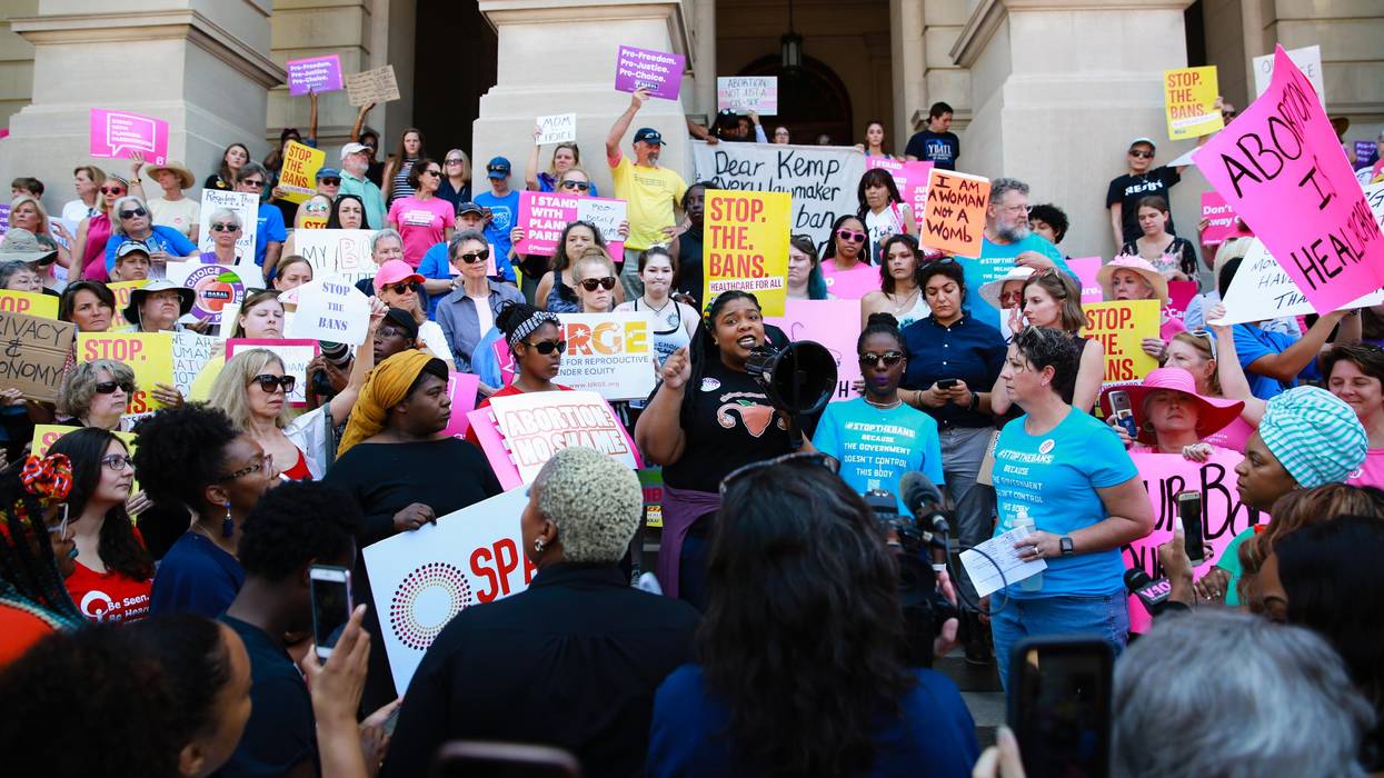 A woman speaks during a protest against recently passed abortion ban bills at the Georgia State Capitol building, on May 21, 2019 in Atlanta, Georgia.