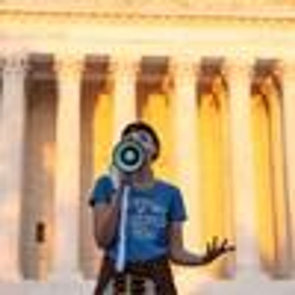 A woman speaks in support of abortion rights