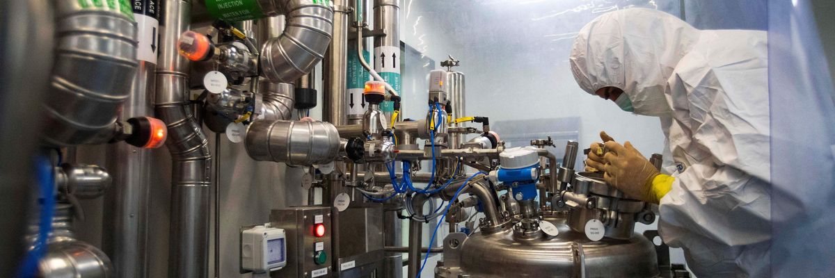 A worker finalizes details to start the production at the recently inaugurated CIGB Industrial Biotechnological Complex in Mariel, Cuba, on November 5, 2021.