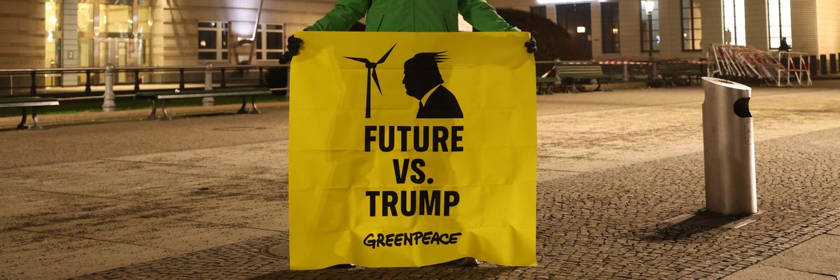 A yellow fabric sign reads Future Vs. Trump.
