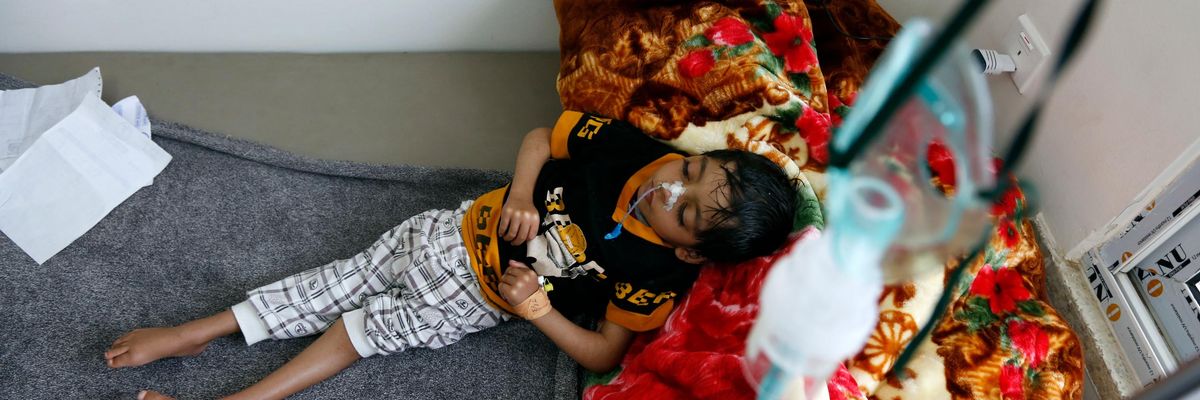 A Yemeni child suffering extreme malnutrition is seen in a hospital