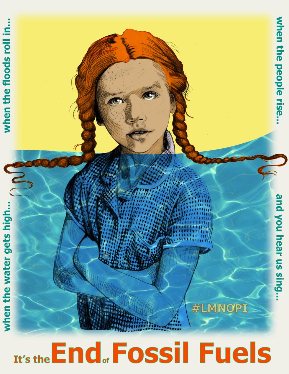 A young girl stands with her body below water and her head above, with her arms crossed.