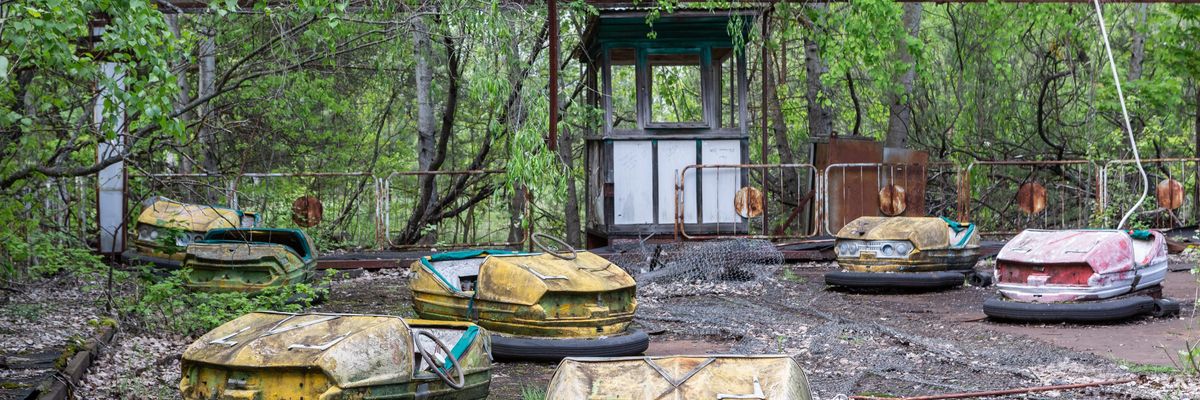 Abandoned bumper cars full of rust sit in an amusement park in the ghost city of Pripyat, Ukraine, which was evacuated on the afternoon of April 27, 1986, 36 hours after the Chernobyl Nuclear Power Plant disaster.