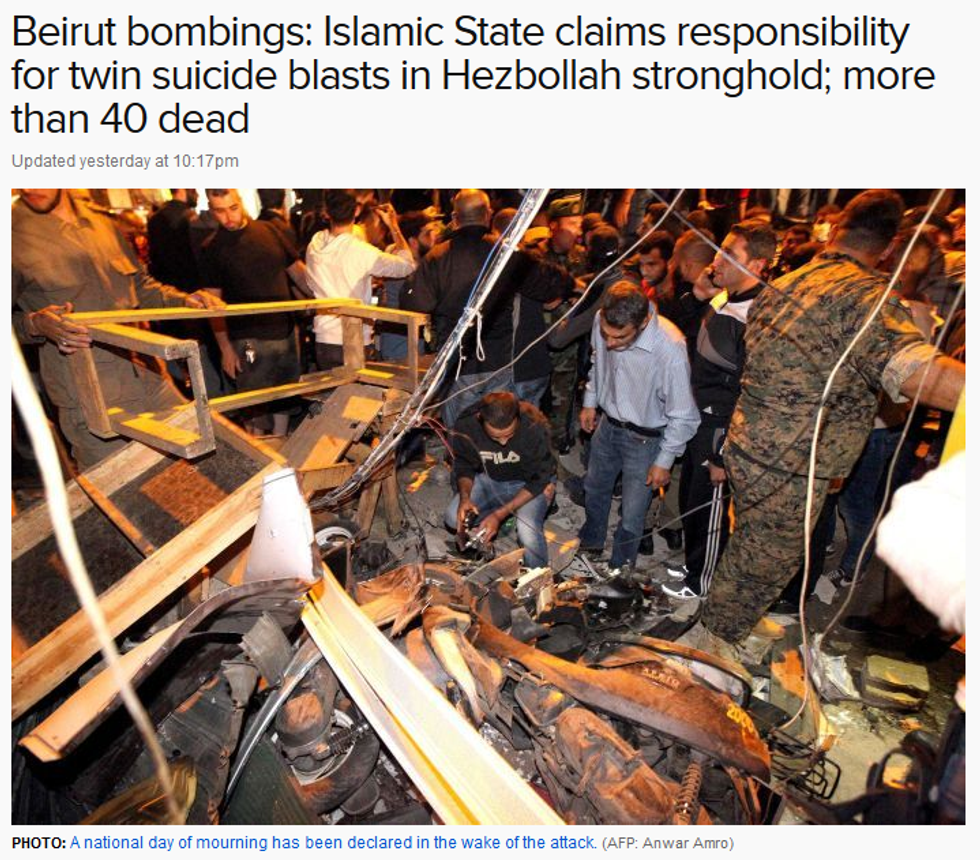 ABC News: Islamic State claims responsibility for twin suicide blasts in Hezbollah stronghold