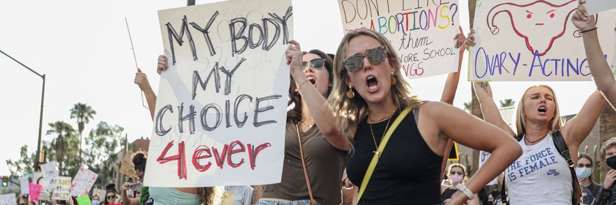 Abortion rights protesters chant during a pro-choice rally