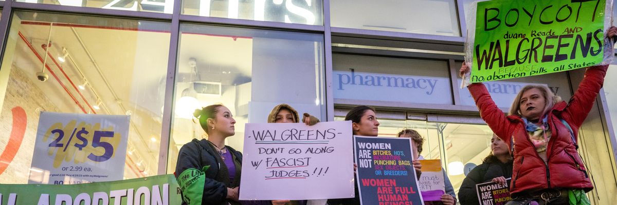 Abortion rights supporters gathered outside a Duane Reade—whose parent company is Walgreens—in New York City's Union Square on March 8, 2023.