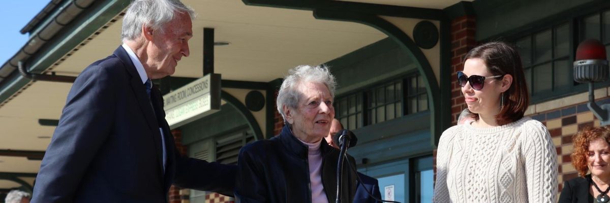 Activist Anne Anderson speaks while Sen. Ed Markey looks on