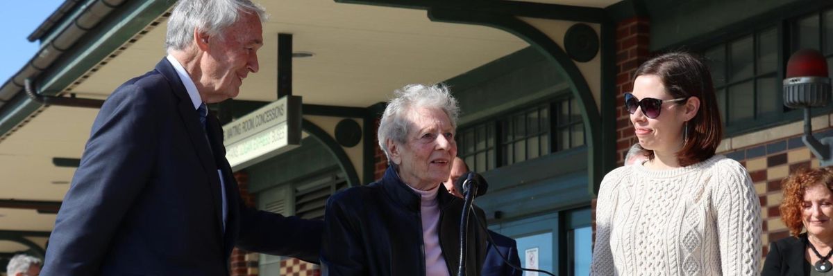Activist Anne Anderson speaks while Sen. Ed Markey looks on