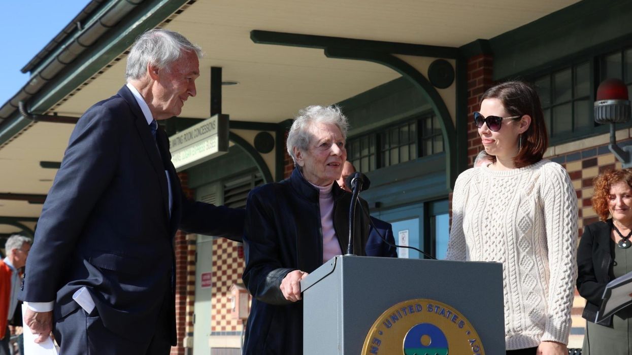 Activist Anne Anderson speaks while Sen. Ed Markey looks on