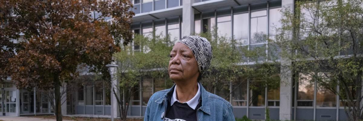 Activist Claire McClinton stands for a portrait outside of City Hall in Flint, Michigan on October 20, 2020
