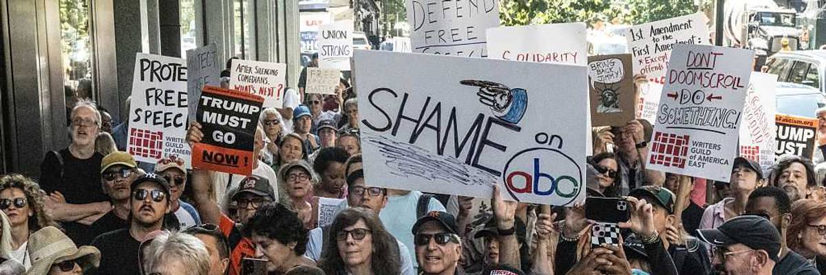 Activists Demonstrate Against ABC's Decision To Suspend Late Night Host Jimmy Kimmel Over Comments About Charlie Kirk Shooting