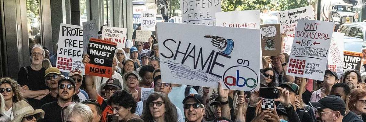 Activists Demonstrate Against ABC's Decision To Suspend Late Night Host Jimmy Kimmel Over Comments About Charlie Kirk Shooting