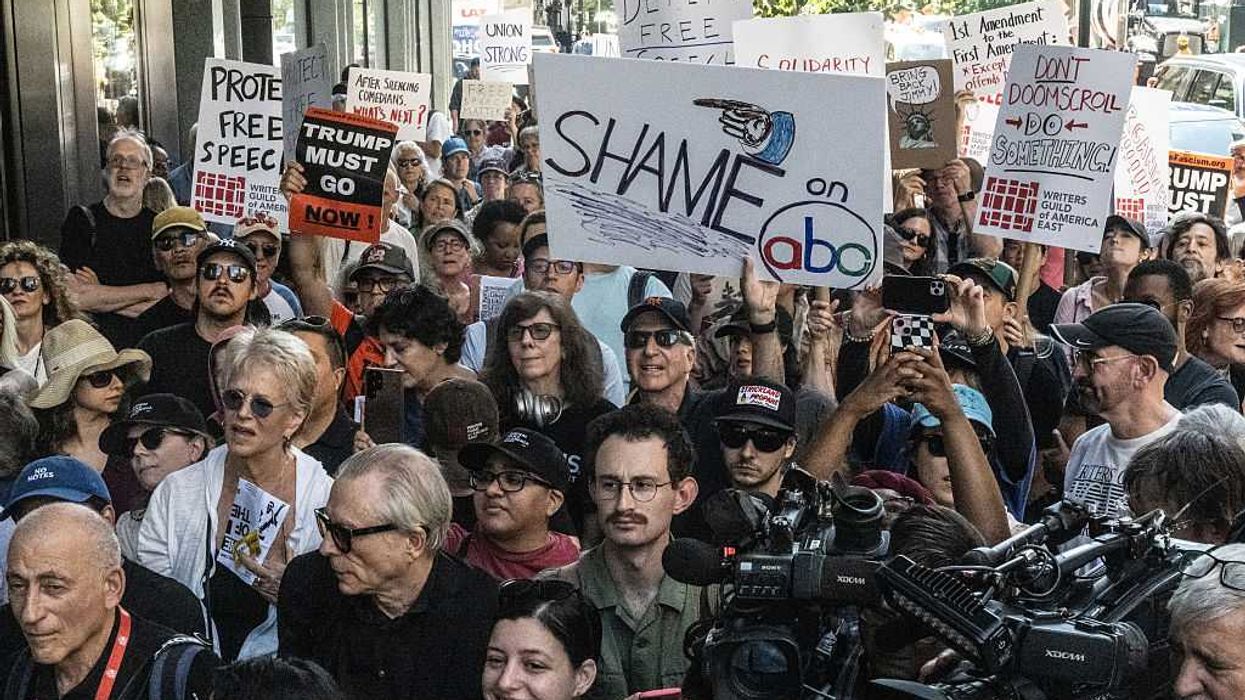 Activists Demonstrate Against ABC's Decision To Suspend Late Night Host Jimmy Kimmel Over Comments About Charlie Kirk Shooting