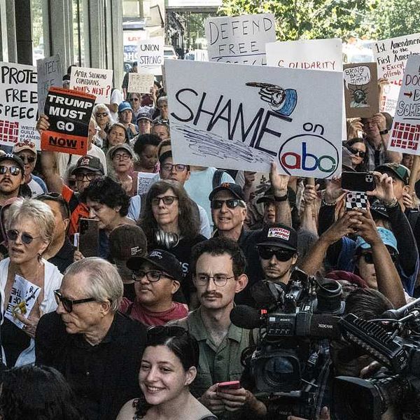 Activists Demonstrate Against ABC's Decision To Suspend Late Night Host Jimmy Kimmel Over Comments About Charlie Kirk Shooting