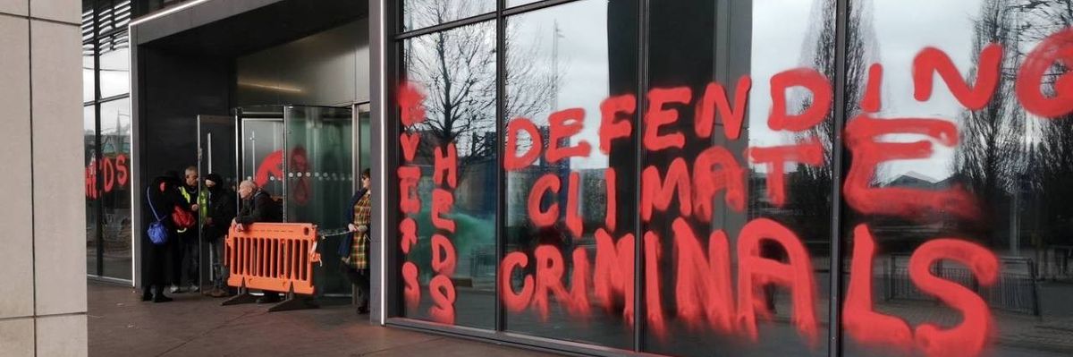 Activists from Extinction Rebellion and HS2 Rebellion disrupted the offices of law firm Eversheds Sutherland in Cardiff, Wales on February 28, 2023.​ 