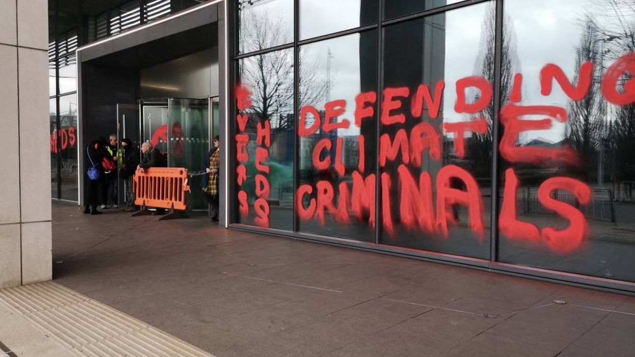Activists from Extinction Rebellion and HS2 Rebellion disrupted the offices of law firm Eversheds Sutherland in Cardiff, Wales on February 28, 2023.
