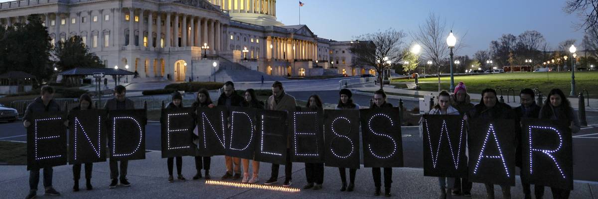 Activists hold up panels spelling out "End Endless War" during a demonstration outside of the U.S. Capitol building to commemorate the 20th anniversary of the Iraq War on March 15, 2023. 