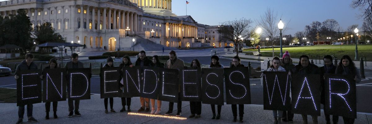 Activists hold up panels spelling out "End Endless War" during a demonstration outside of the U.S. Capitol building to commemorate the 20th anniversary of the Iraq War on March 15, 2023. 