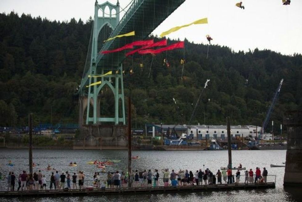 Activists in Portland blockade a Shell ship from joining its fleet in 2015. The activists remained suspended from the St. Johns Bridge for 48 hours, capturing the world's attention and putting the focus on the movement to stop Shell from drilling in the Arctic.