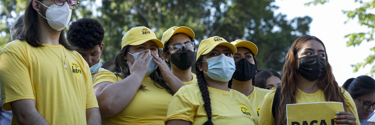 Activists listen during a news conference marking the 10th anniversary of the creation of Deferred Action for Childhood Arrivals (DACA) on June 15, 2022 in Washington, D.C.