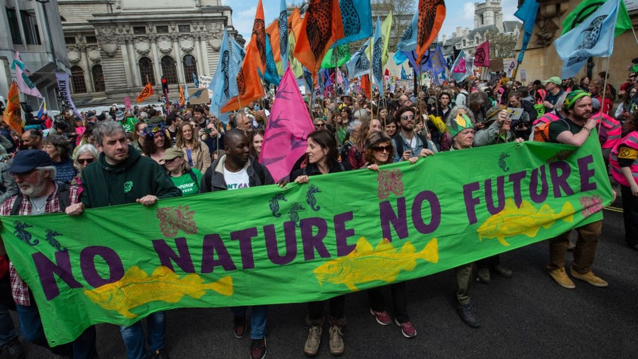 Activists march with banners & placards past Westminster Abbey on the biodiversity protest at Parliament Square on April 21, 2023 in London, England.