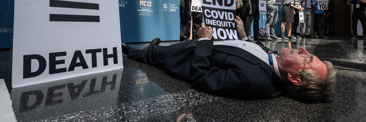Activists protest at the World Trade Organization's headquarters