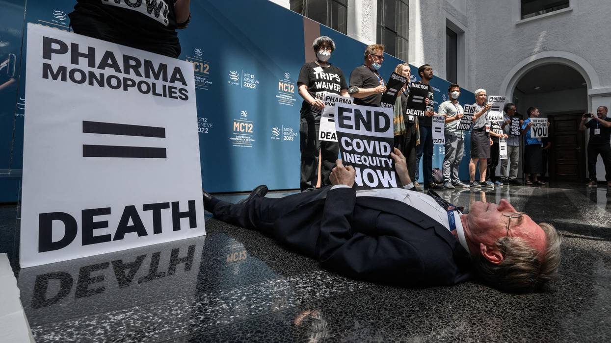Activists protest at the World Trade Organization's headquarters