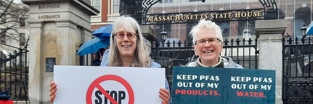 Activists protest PFAS outside the Massachusetts State House in Boston on June 16, 2022.