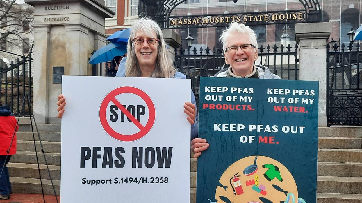 Activists protest PFAS outside the Massachusetts State House in Boston on June 16, 2022.
