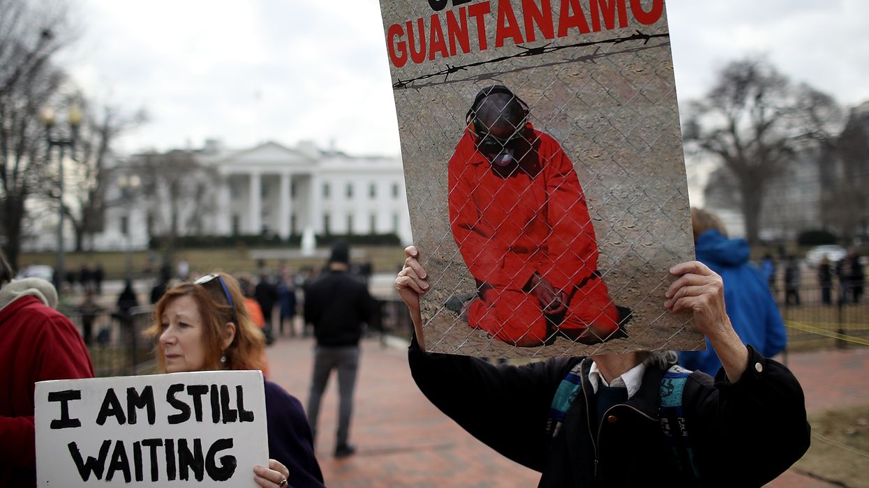 Activists protest the continued operation of the Guantánamo Bay detention camp in front of the White House on January 11, 2018.